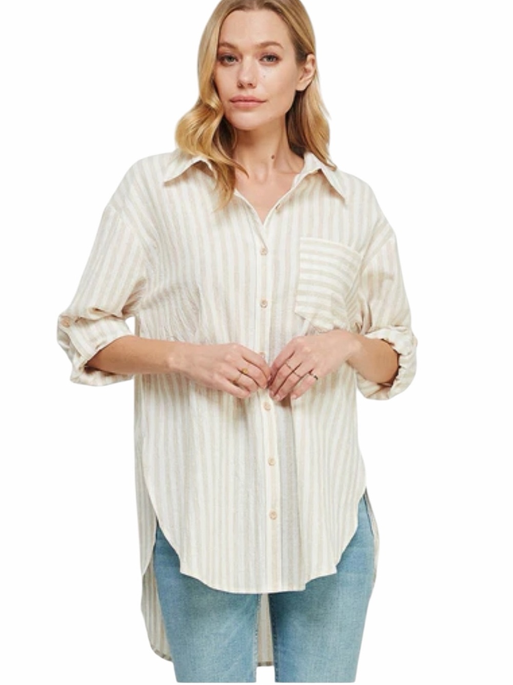 Allie‎ Rose Breezy Linen Boyfriend Shirt in
Natural Stripe Size Small